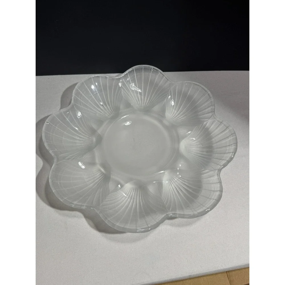 Vintage Hoya Frosted Glass Plate Scalloped Shell Shaped 8 Well Serving Dish